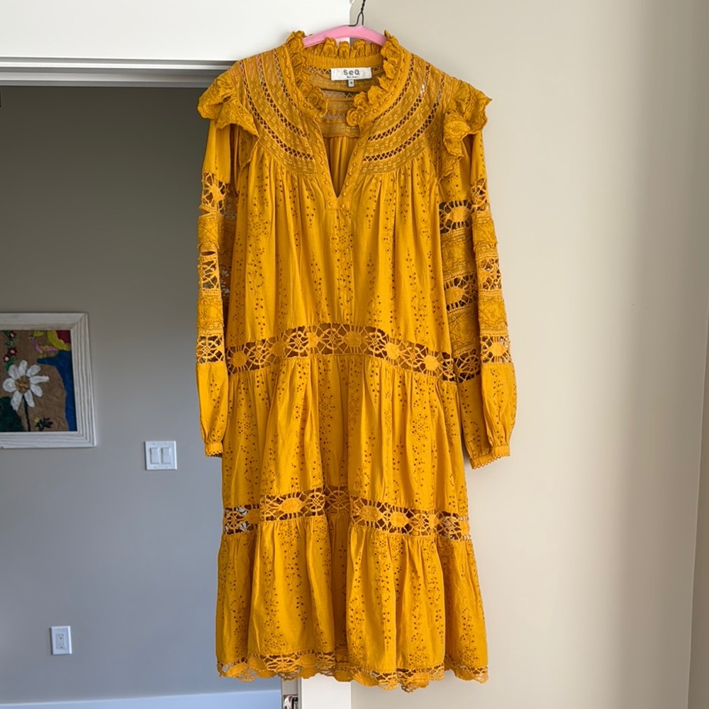 Sea New York Mustard Eyelet Lace Long-Sleeve Midi Dress